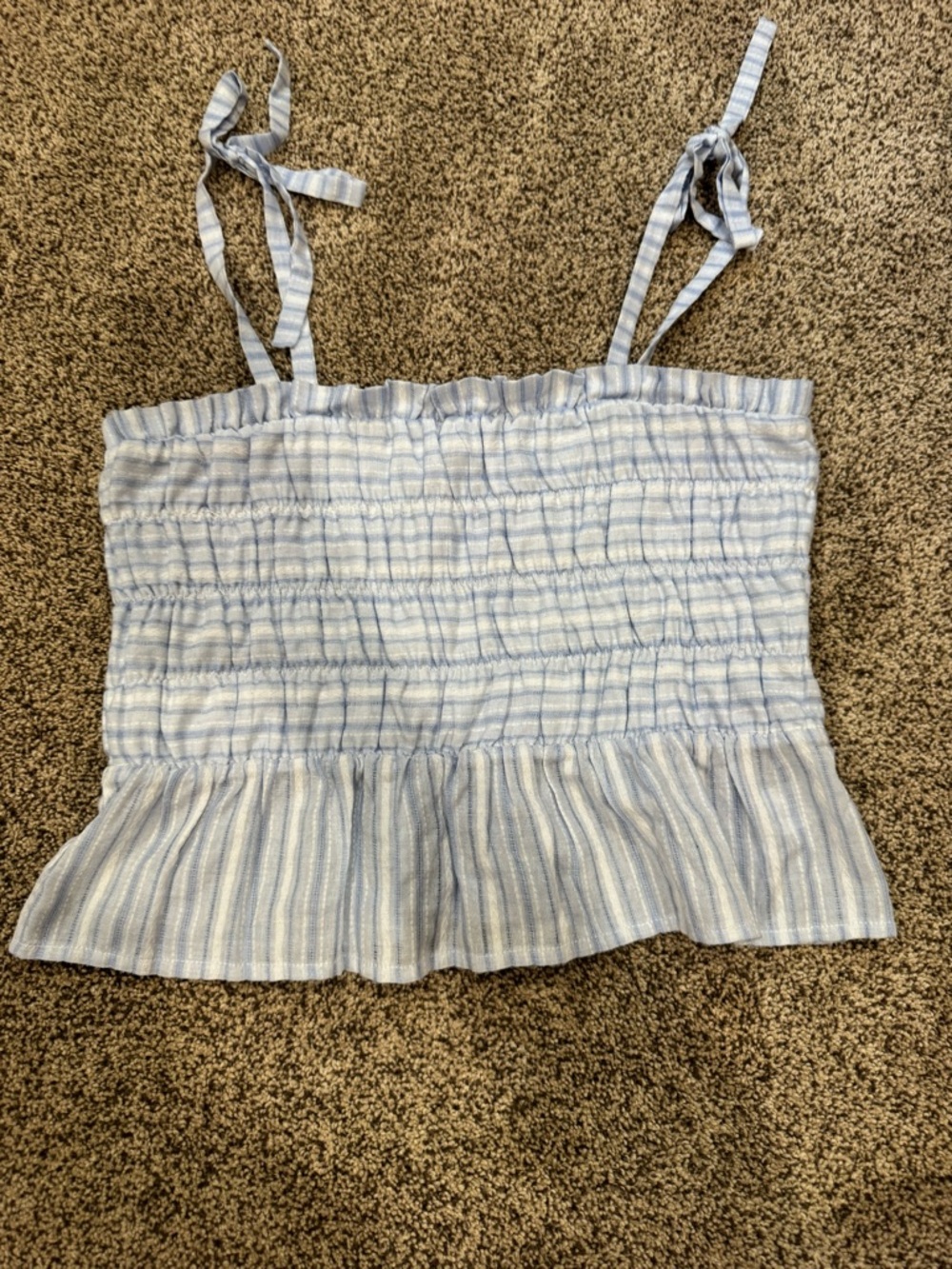 The Impeccable Pig Light Blue & White Striped Smocked Tie-Shoulder Tank